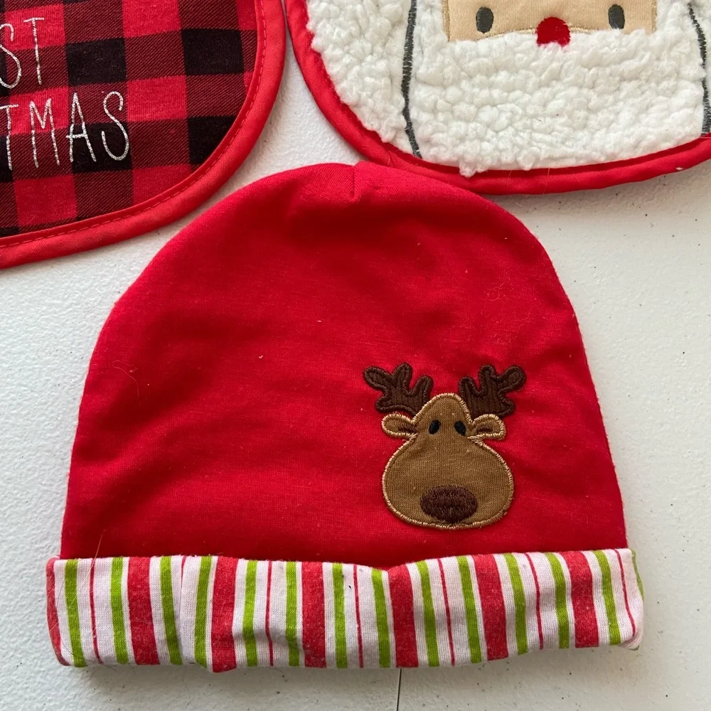 NWOT EUC Chick Pea baby first Christmas Santa plaid one size bibs hat bundle set